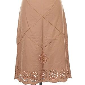 Vintage Odille Skirt: Tan and Pink Midi with Cutouts and Embroidery